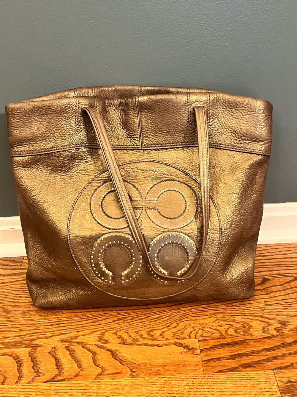 Metallic Bronze Leather Vintage Tote Bag with Studded Circle Detail 14967